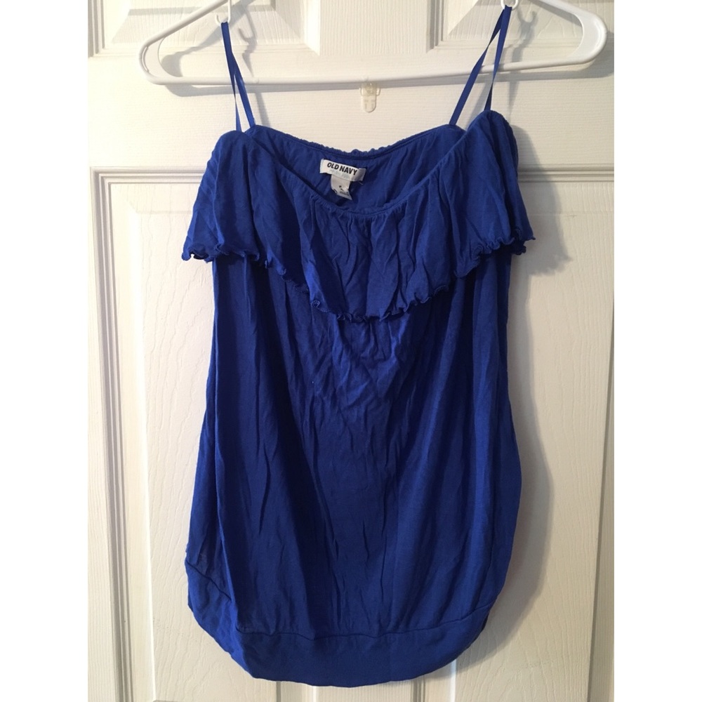 STRAPLESS blue ruffle top